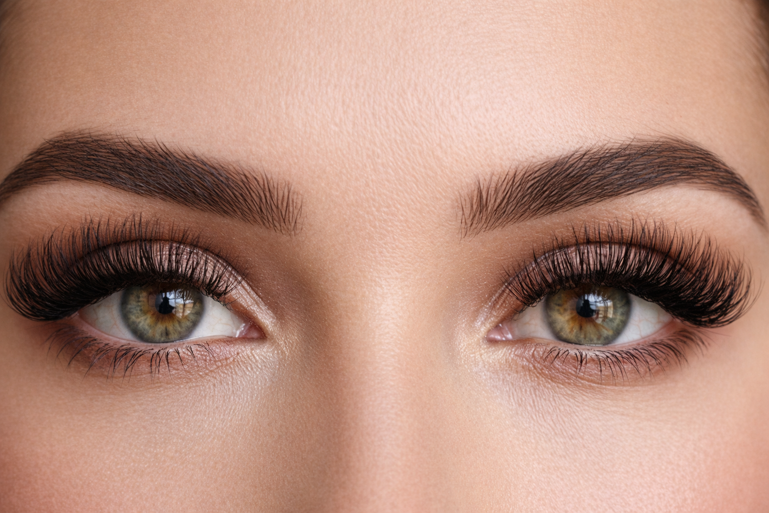 Close-up of a person's eyes with long eyelashes and well-groomed eyebrows.