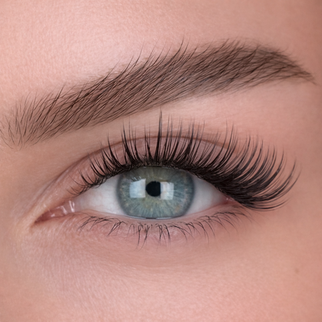 DRAMA lash style result on blue eyes - Bold voluminous look with 10mm, 12mm, 14mm, 12mm lash map
