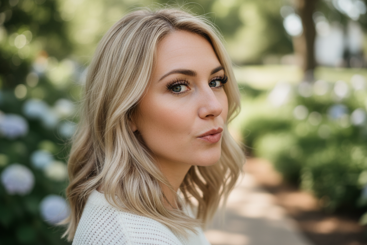 she looks in the camera with her eyes