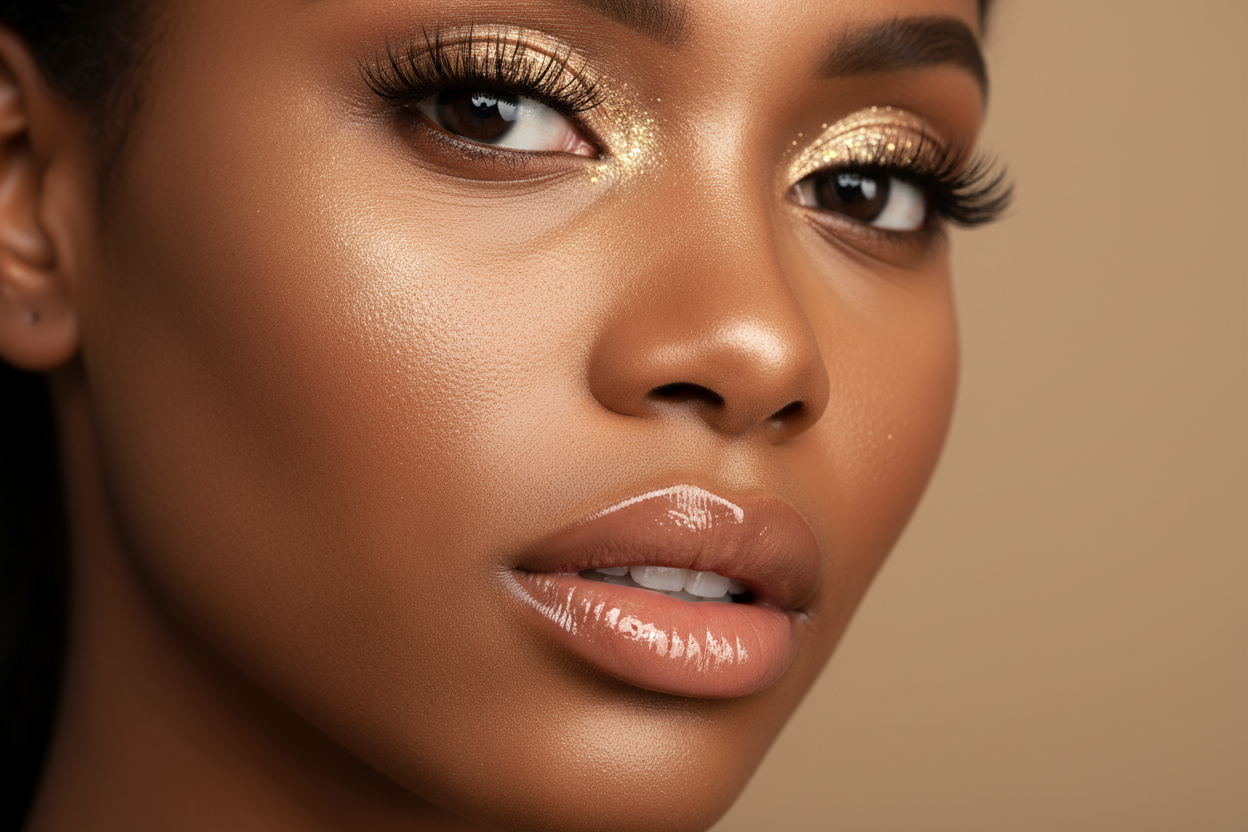 the glitter on the eyelid like an eyeshadow, more gloss on the lips