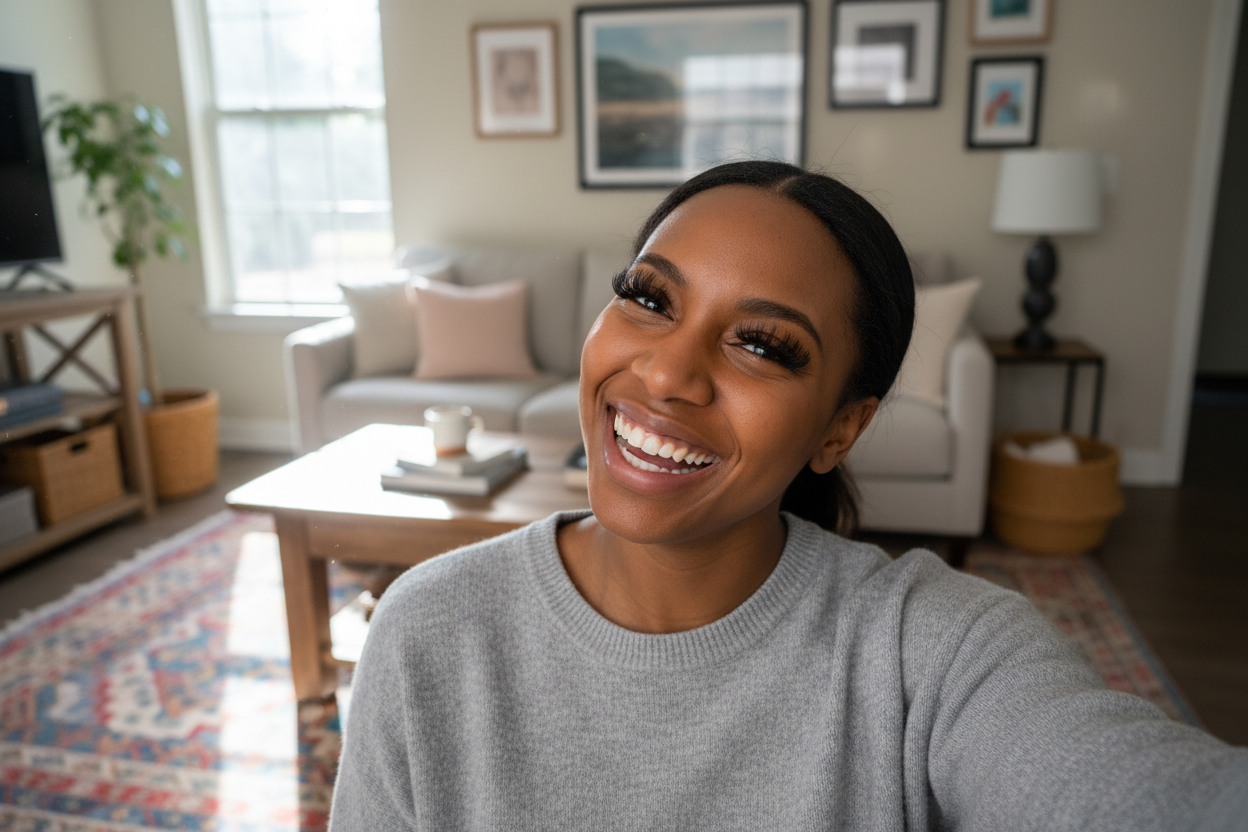 this is good but look in the camera as a selfie and make the background sharp as well