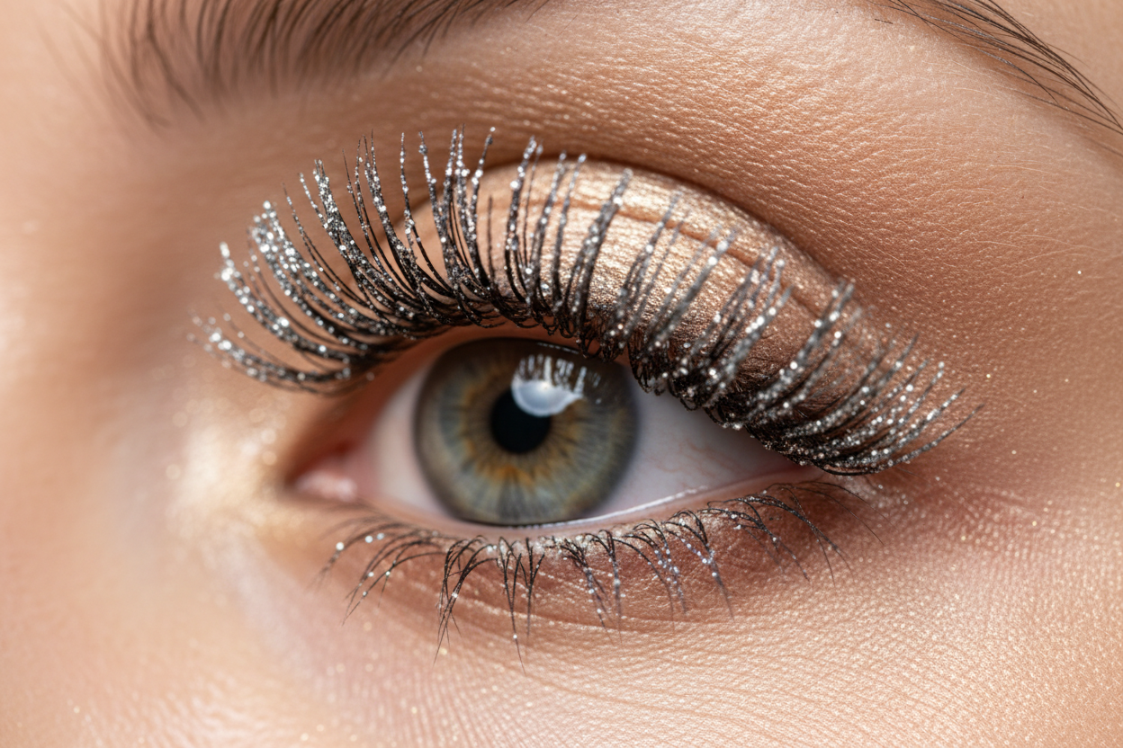 Ultra-realistic macro shot of a female eye with long, dramatic false lashes coated in fine silver glitter. The eye makeup is warm champagne gold, shimmering softly under studio lighting. Visible skin texture and fine pores, no over-smoothing. Natural reflections in the iris, glossy wet finish on the lashes, cinematic depth of field, 8k macro photography, soft beige background.

Negative prompt: plastic texture, cartoon look, over-smoothed skin, fake reflections, low detail, distorted features.